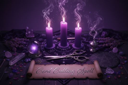 candles, scicor, text cord cutting spells purple