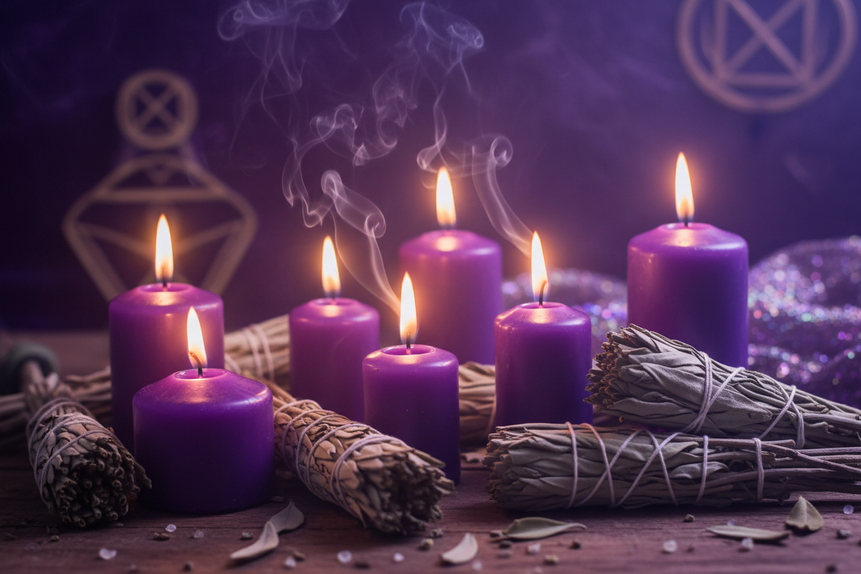 purple mystical cancdles with sage