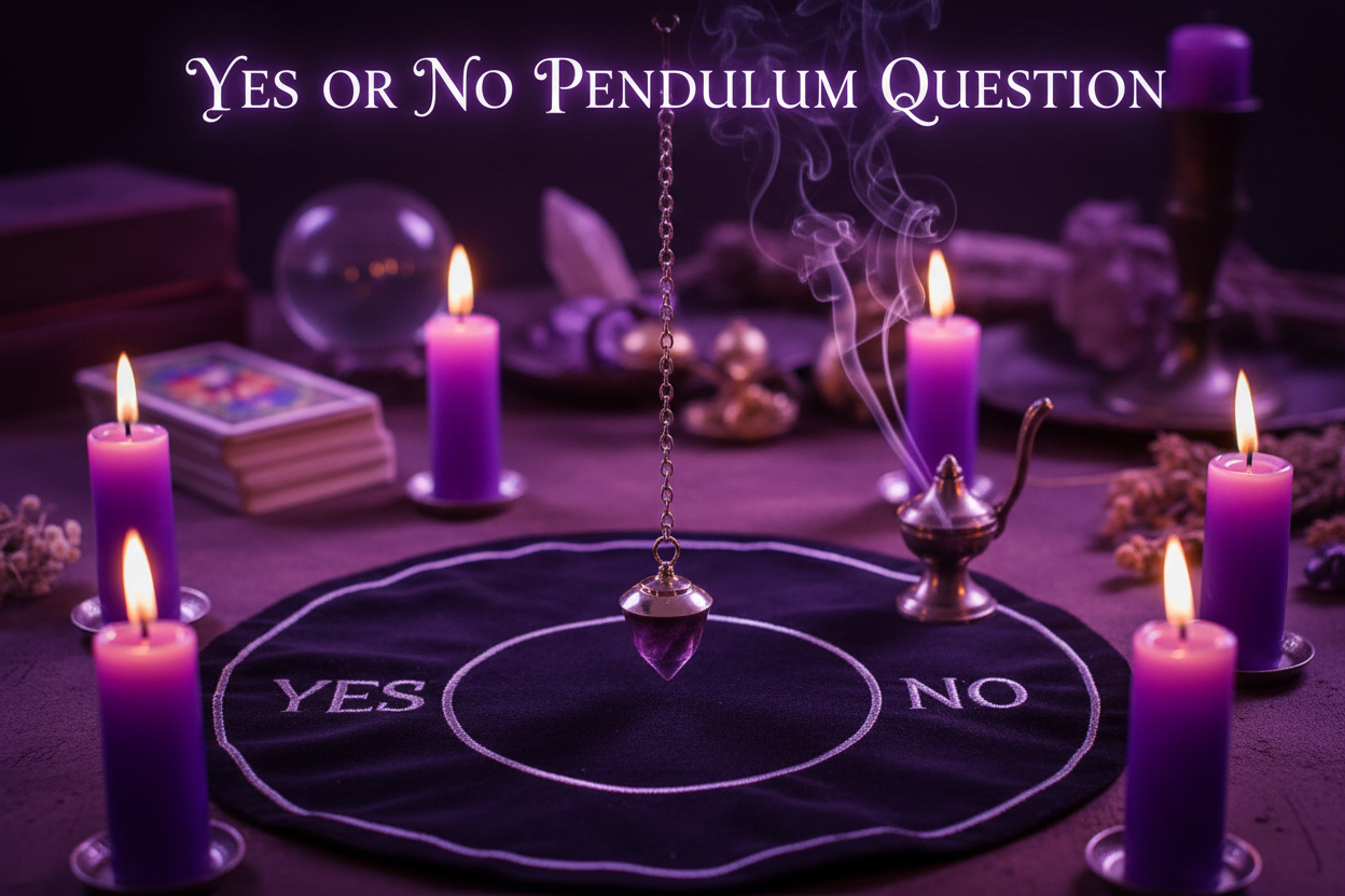 Yes or no Pendlum question, purple, candles, text over yes or no pendulum question